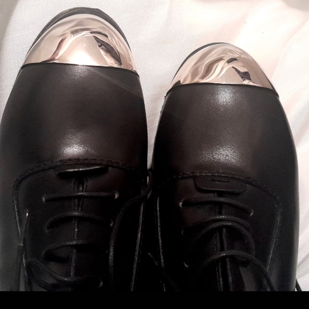 New Costume National Black Shoe Leather Lace up Silver Metal Platform Oxfords 🌞